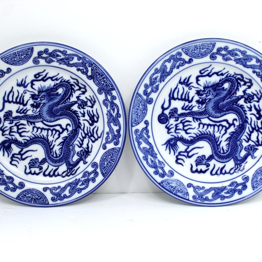 Bombay Co Asian Dragon Design Blue & White Porcelain 7 3/4” Salad Plate Lot of 2